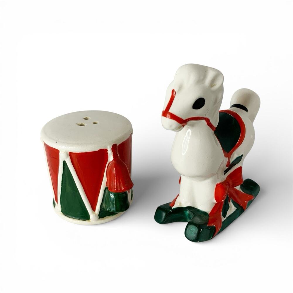 Vintage Lefton Rocking Horse & Drum Salt & Pepper Shakers Japan 1950’s Ceramic